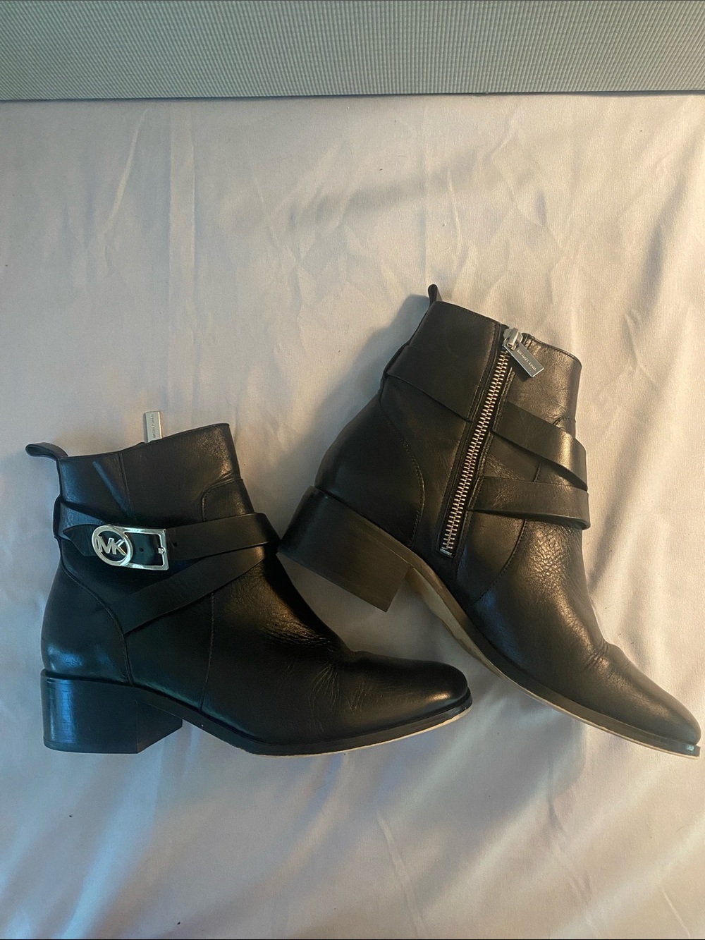MICHAEL Michael Kors Black Leather Ankle Booties with MK Buckle Accent